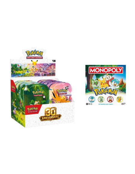 Pack Pokémon 30ᵉ Anniversaire avec display 10 Mini Tins 20 boosters et Monopoly Pokémon