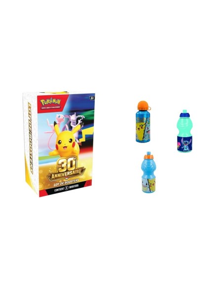 Pack Pokémon 30ᵉ Anniversaire Bundle 6 boosters avec gourde Pokémon Stitch ou Pat Patrouille aléatoire